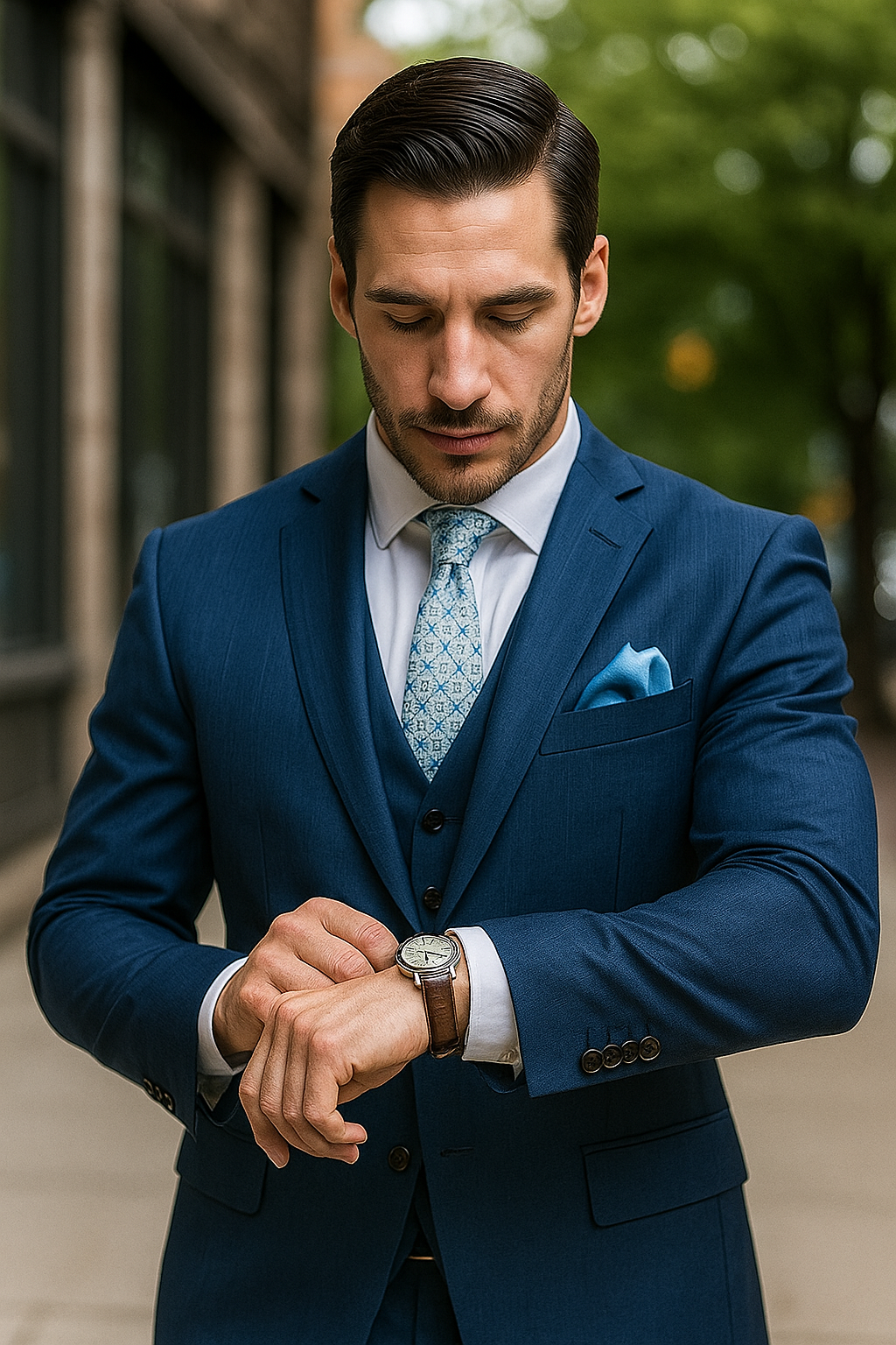"Blue Sharkskin Business Suit for Men - Two Button Vested Style" - 50 Regular