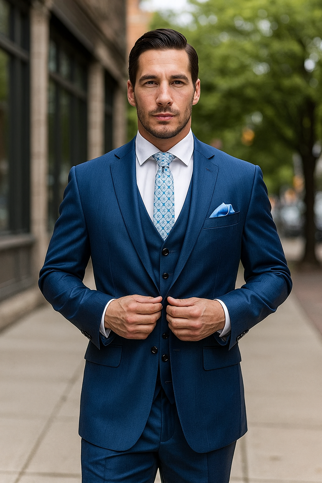 "Blue Sharkskin Business Suit for Men - Two Button Vested Style" - 50 Regular