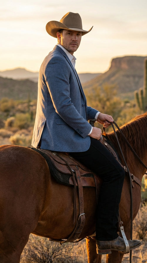 Mens Blue Textured Cowboy Blazer Western Style Sport Coat for Ranch Wedding, Business and Country Events
