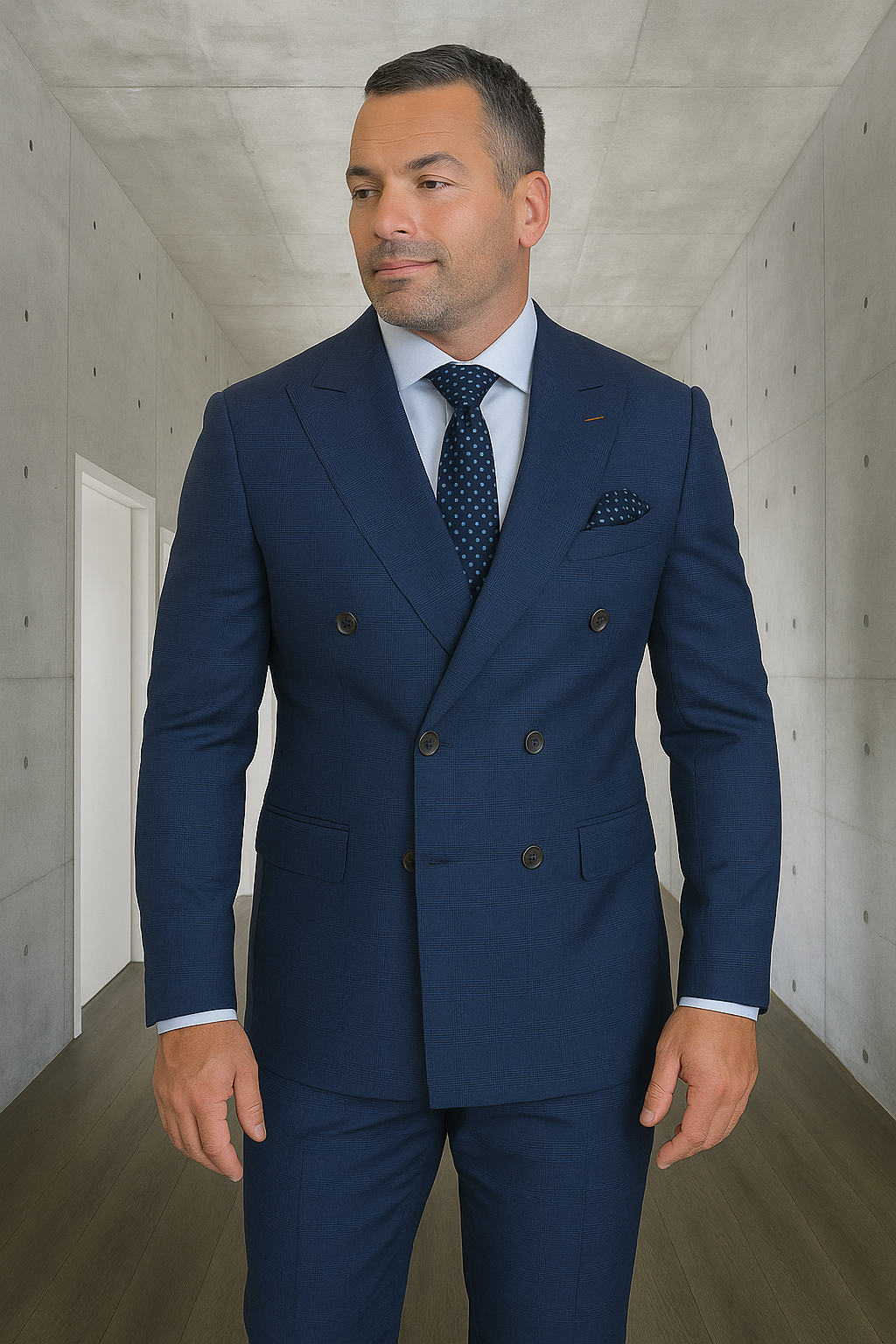 Wool Suit - Italian Made Business Suit by Statement Men's 2 Piece 100% Wool Double Breasted Suit - Micro Windowpane - 38R