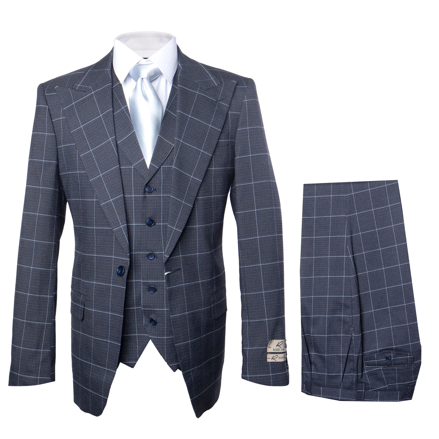 Suits With Baggy Pleated Pants - Wide Leg Pants 100% Wool - Classic Fit in Navy by Rossiman - 38 Regular