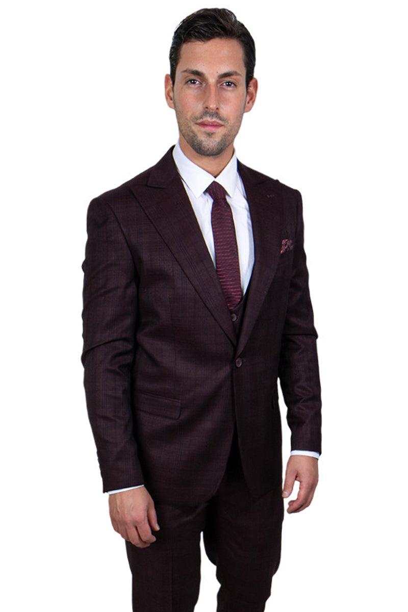 "Stacy Adams Men's Glen Plaid Suit - One Button Vested Peak Lapel in Burgundy"