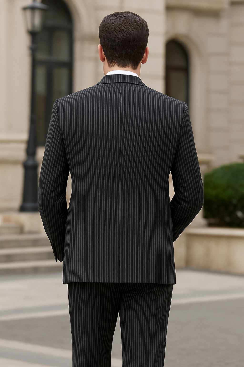 "Bold Pinstripe Gangster Suit - Men's 2-Button Vested in Black" - 38 Long