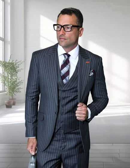 Statement Men's 100% Wool Pinstripe 3 Piece Suit - Notch Lapel
