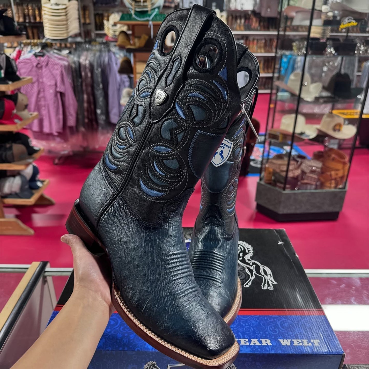Blue Ostrich Belly Ranch Toe Western Boots - EE
