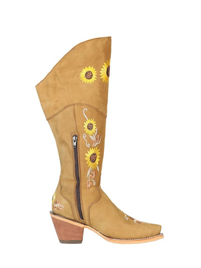 Botas Altas de Gamuza Horma Punta Recortada para Mujer Color Miel y Girasol