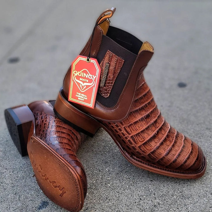 Botin de Cocodrilo Grabado Nuca con Punta Cuadrada Color Cognac - 6
