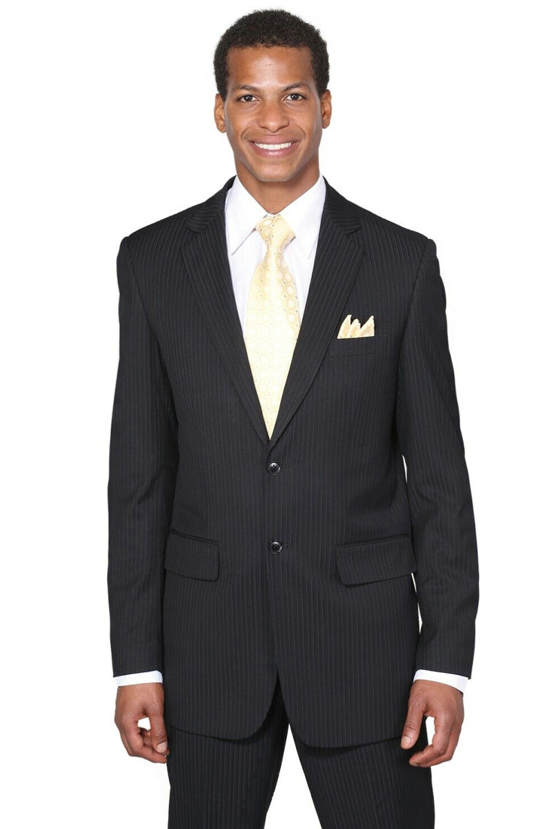 "Modern Fit Black Suit for Men - 2 Button Tonal Pinstripe Design"