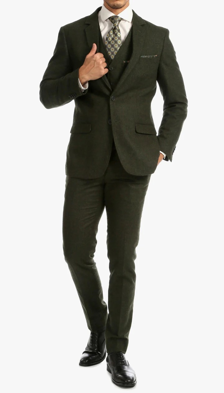 Bradford Hunter Green Slim Fit 3 Piece Tweed Suit - 38 Short Jacket+32 Waist Adjustable 28to34)(Height: 5 4 to5 7 )(Neck 15-16.5)S-M)