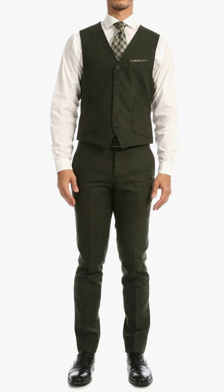 Bradford Hunter Green Slim Fit 3 Piece Tweed Suit - 38 Short Jacket+32 Waist Adjustable 28to34)(Height: 5 4 to5 7 )(Neck 15-16.5)S-M)