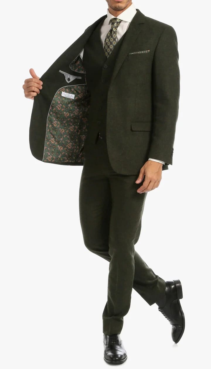 Bradford Hunter Green Slim Fit 3 Piece Tweed Suit - 38 Short Jacket+32 Waist Adjustable 28to34)(Height: 5 4 to5 7 )(Neck 15-16.5)S-M)
