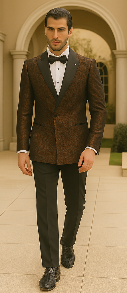 Bronze Double Breasted Rough Streak Pattern Satin Peak Lapel Stacy Adams Men's Jacket - 34 Short or Extra Small