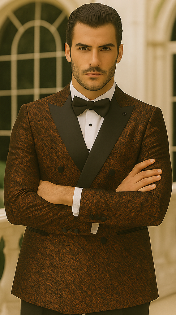 Bronze Double Breasted Rough Streak Pattern Satin Peak Lapel Stacy Adams Men's Jacket - 34 Short or Extra Small