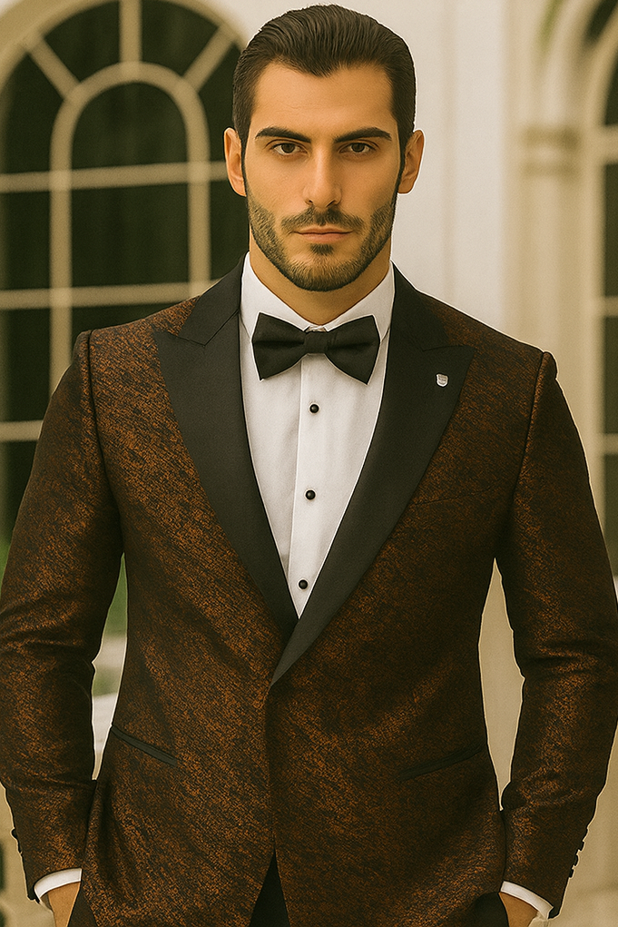 Bronze Double Breasted Rough Streak Pattern Satin Peak Lapel Stacy Adams Men's Jacket - 34 Short or Extra Small