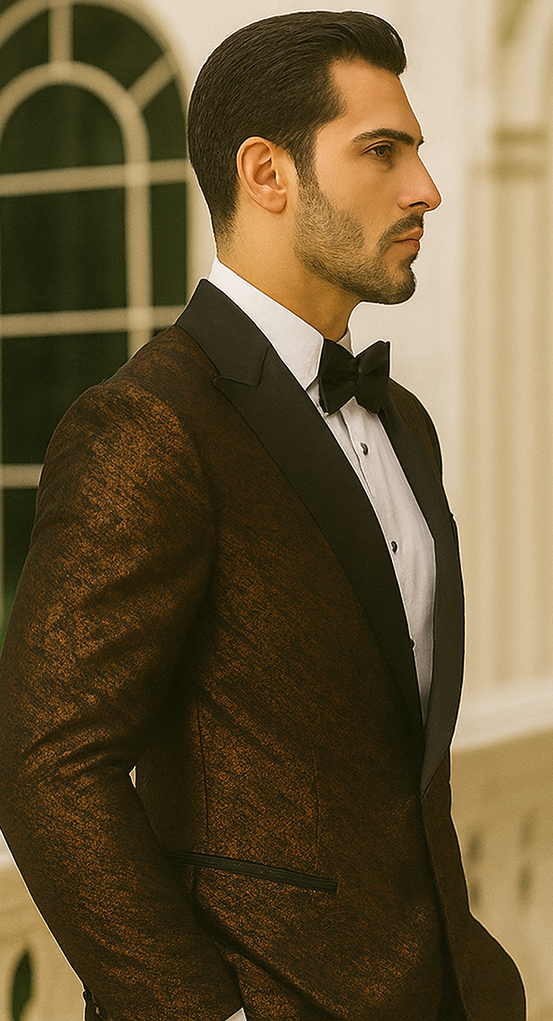Bronze Double Breasted Rough Streak Pattern Satin Peak Lapel Stacy Adams Men's Jacket - 34 Short or Extra Small