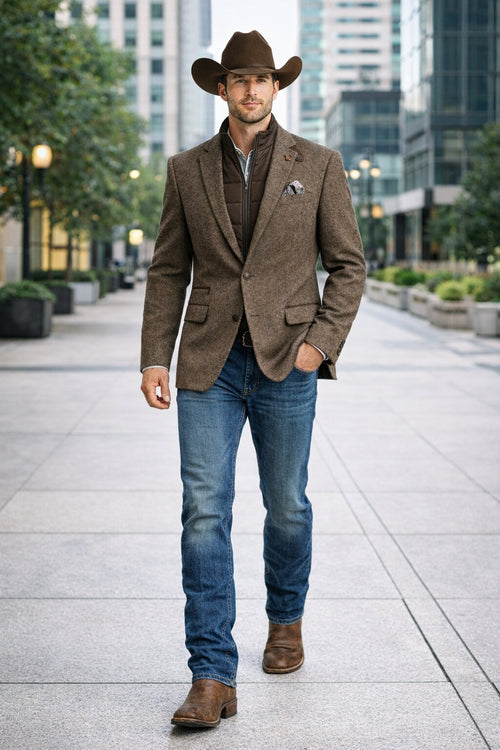 Mens Brown Herringbone Tweed Cowboy Western Blazer Classic Country Sport Coat Jacket for Ranch Wear, Cowboy Jacket
