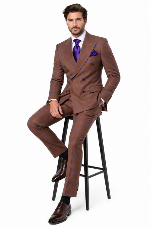 Mens Brown Plaid Double-Breasted Suit Premium 2-Piece Classic Checkered Windowpane Suit by Rossiman