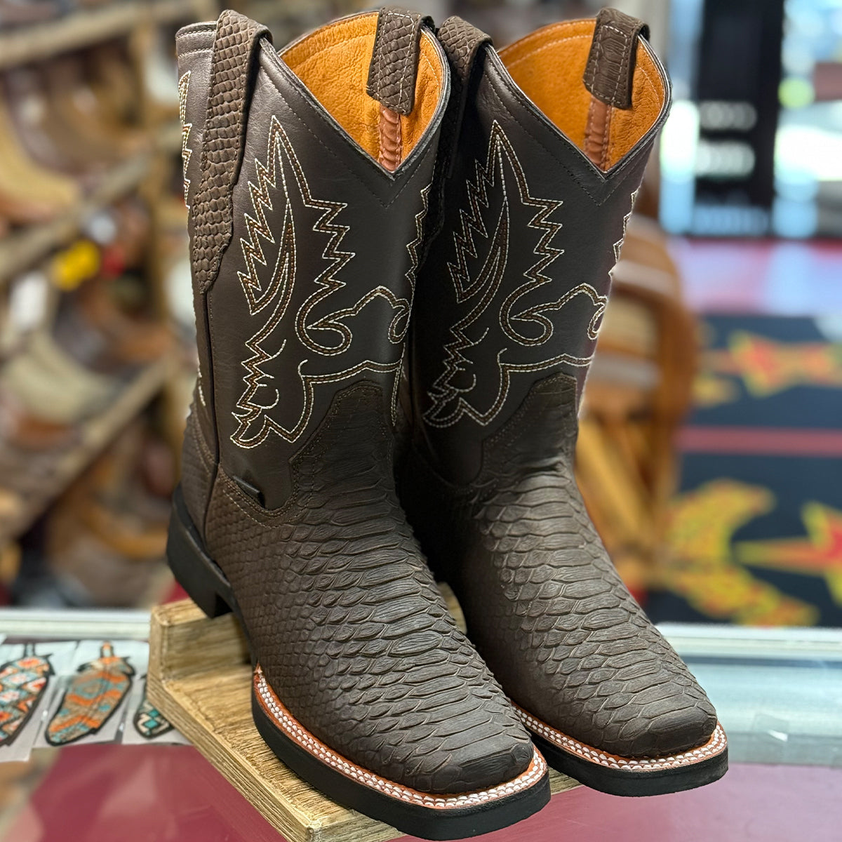 Square Toe Cowboy Boots Snakeskin Print - Brown