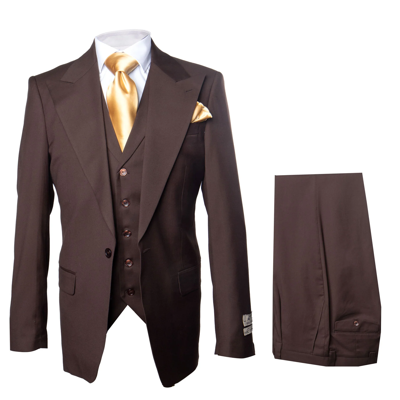 Suits With Baggy Pleated Pants - Wide Leg Pants 100% Wool - Classic Fit in Brown One Button 3 Piece Suit by Rossiman - 38 Regular