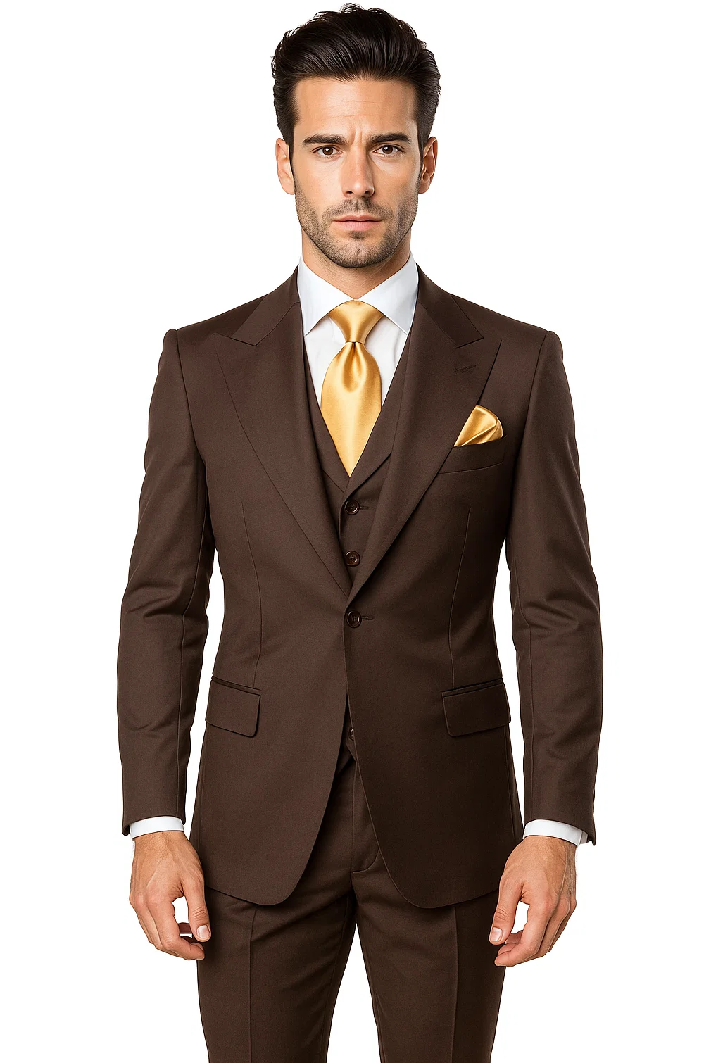 Suits With Baggy Pleated Pants - Wide Leg Pants 100% Wool - Classic Fit in Brown One Button 3 Piece Suit by Rossiman - 38 Regular