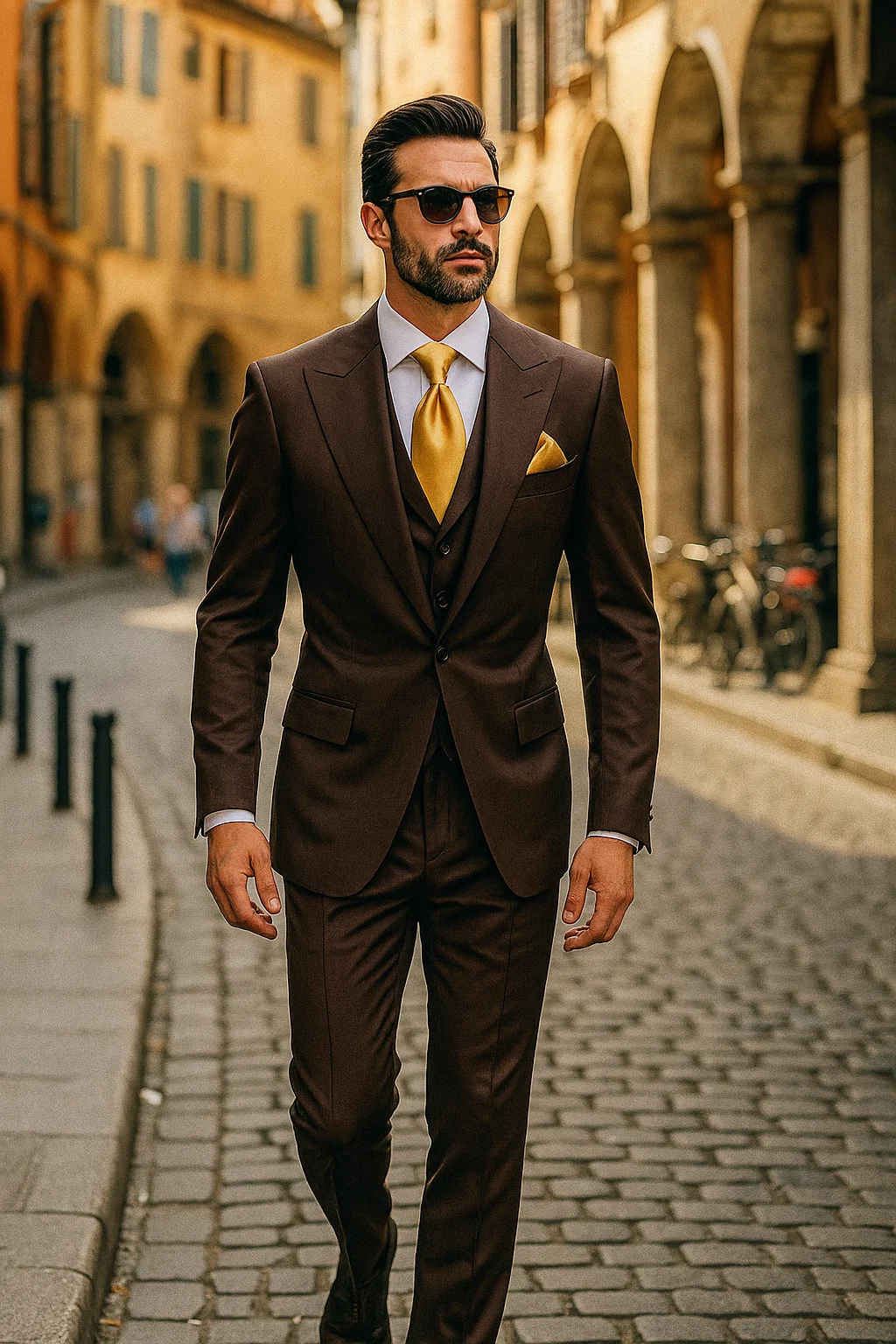 Suits With Baggy Pleated Pants - Wide Leg Pants 100% Wool - Classic Fit in Brown One Button 3 Piece Suit by Rossiman - 38 Regular