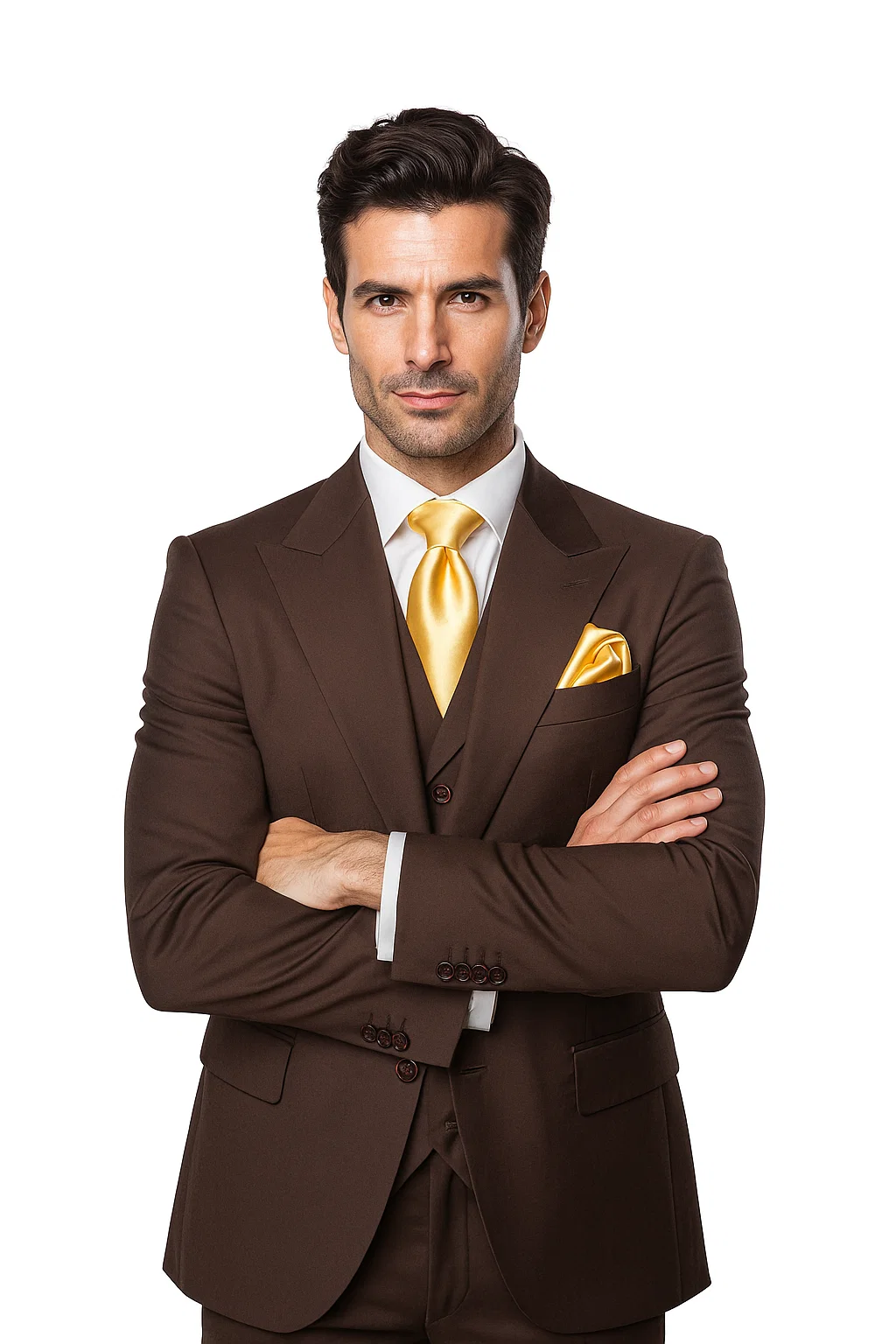 Suits With Baggy Pleated Pants - Wide Leg Pants 100% Wool - Classic Fit in Brown One Button 3 Piece Suit by Rossiman - 38 Regular