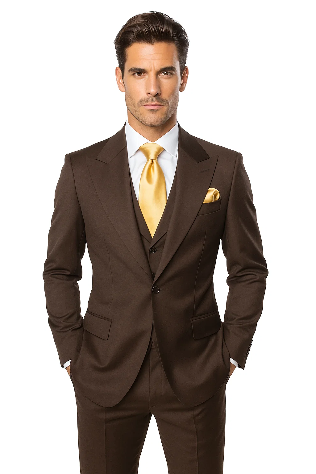 Suits With Baggy Pleated Pants - Wide Leg Pants 100% Wool - Classic Fit in Brown One Button 3 Piece Suit by Rossiman - 38 Regular