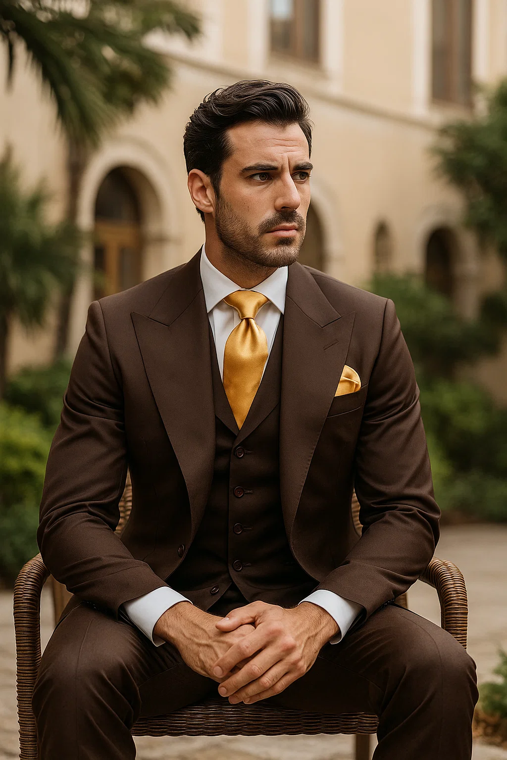 Suits With Baggy Pleated Pants - Wide Leg Pants 100% Wool - Classic Fit in Brown One Button 3 Piece Suit by Rossiman - 38 Regular