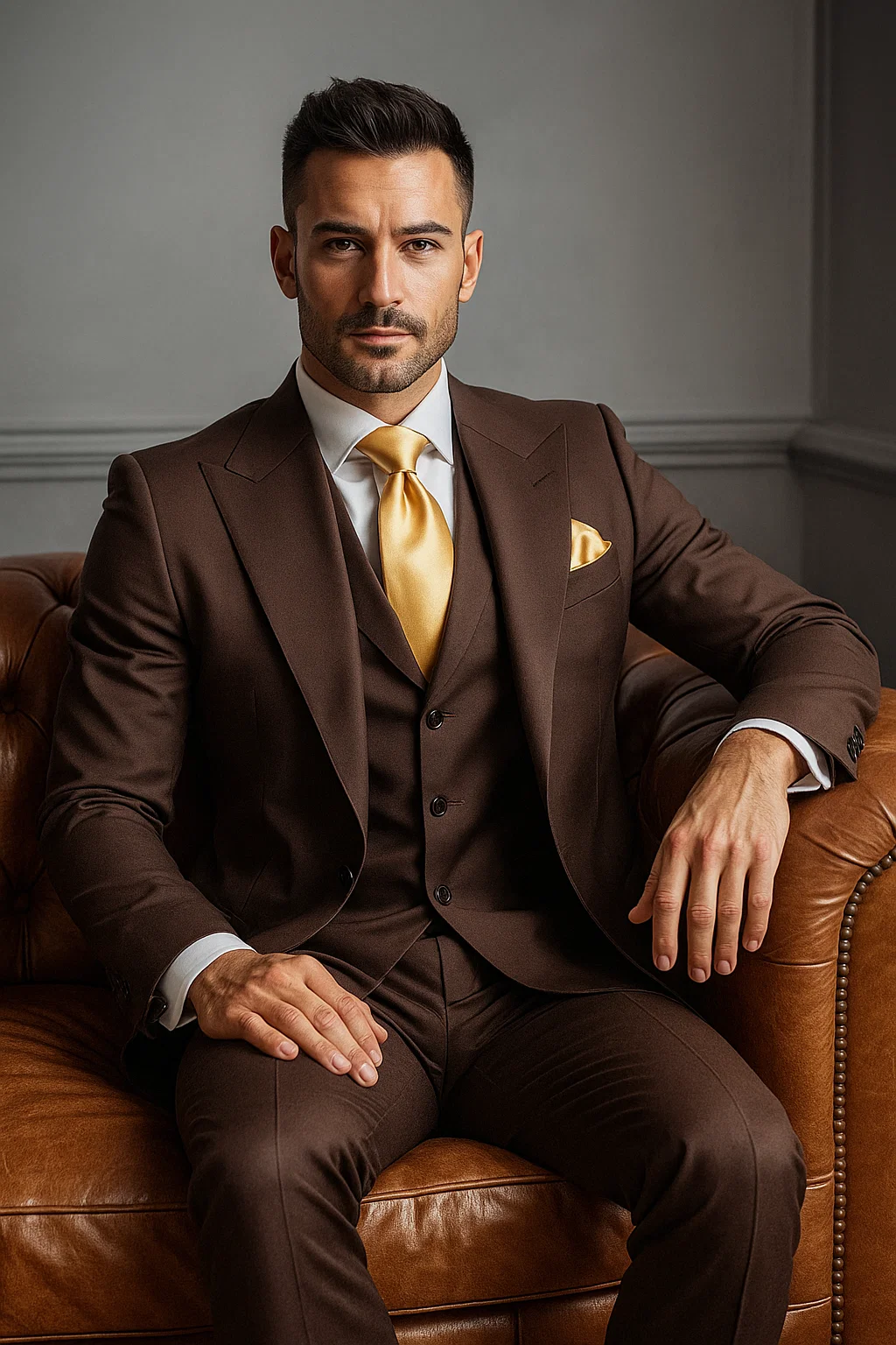 Suits With Baggy Pleated Pants - Wide Leg Pants 100% Wool - Classic Fit in Brown One Button 3 Piece Suit by Rossiman - 38 Regular