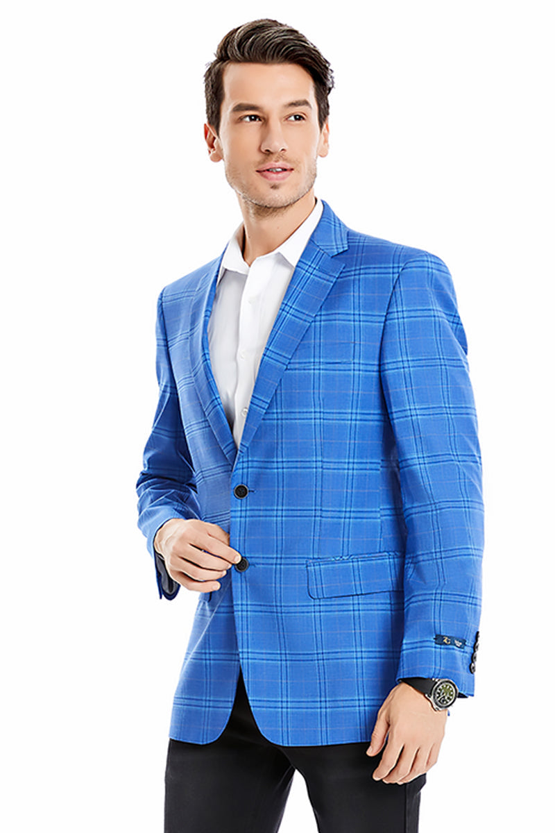 "Double Windowpane Plaid Blazer - Regular Fit Two Button Men's Jacket in Light Blue"
