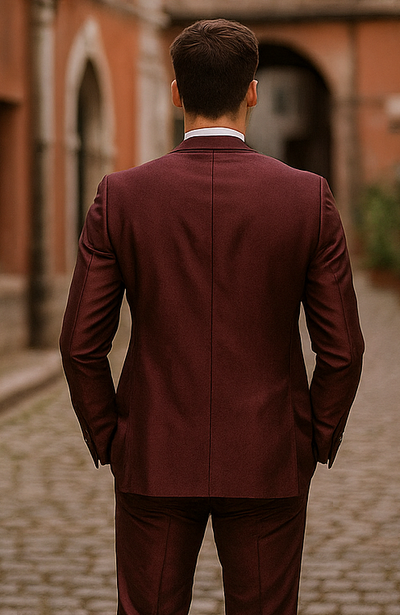 "Burgundy Men's Sharkskin Wedding & Prom 2026 Suit - Two Button Vested Style"