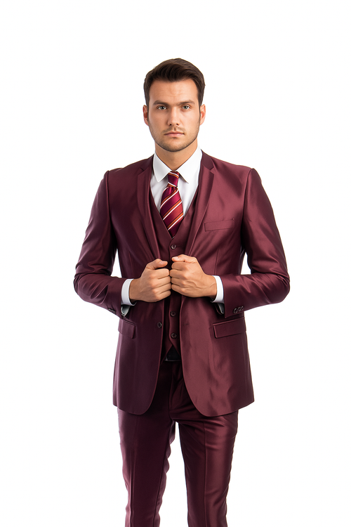 "Burgundy Men's Sharkskin Wedding & Prom 2026 Suit - Two Button Vested Style"