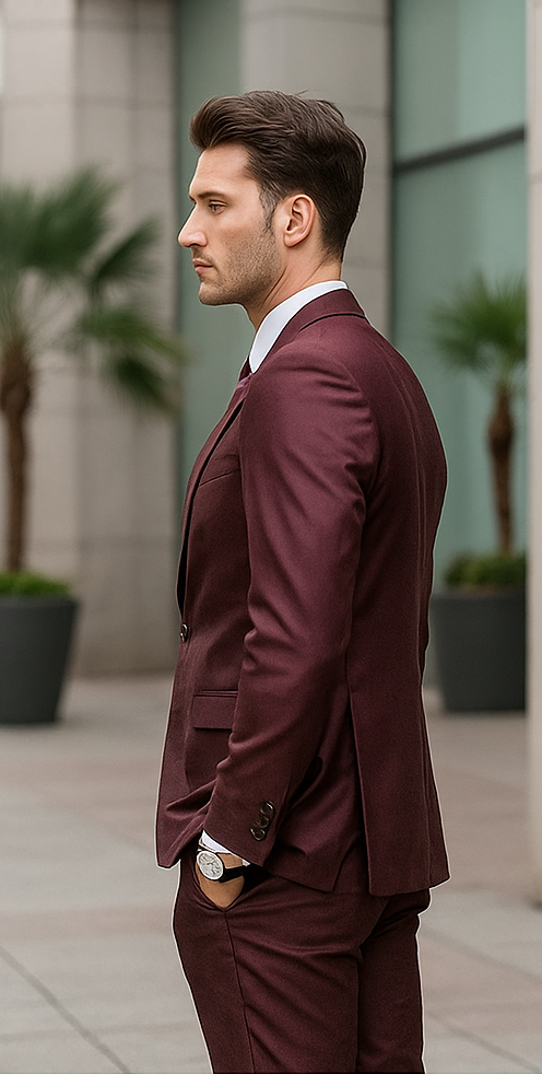 "Burgundy Men's Sharkskin Wedding & Prom 2026 Suit - Two Button Vested Style"