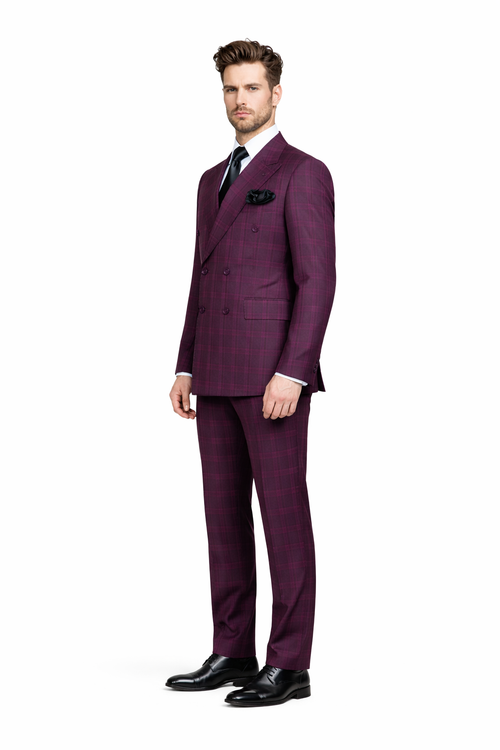 Burgundy Plaid Suit for Men Rossiman Double-Breasted Windowpane Two-Piece-New Designer Collection