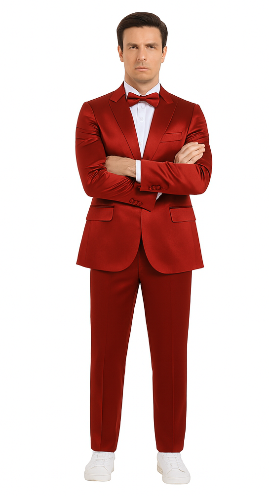 Stylish Burgundy Satin 3 Piece Slim Fit Tazzio Men's Suit - 34 Short or Extra Small