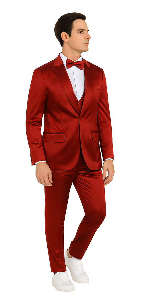 Stylish Burgundy Satin 3 Piece Slim Fit Tazzio Men's Suit - 34 Short or Extra Small