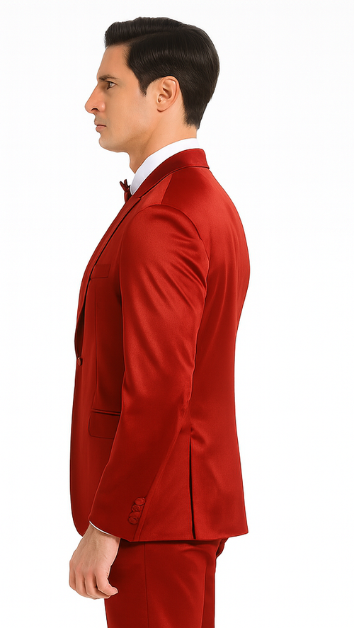 Stylish Burgundy Satin 3 Piece Slim Fit Tazzio Men's Suit