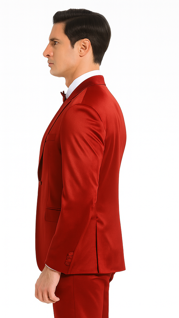 Stylish Burgundy Satin 3 Piece Slim Fit Tazzio Men's Suit - 34 Short or Extra Small