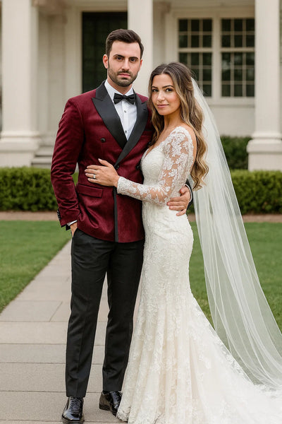Burgundy Velvet Double Breasted Tuxedo Jacket Wedding & Prom