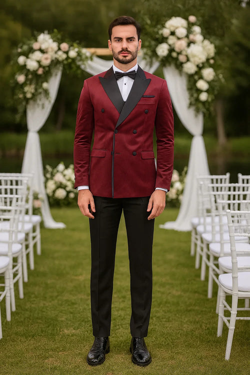 Burgundy Velvet Double Breasted Tuxedo Jacket Wedding & Prom
