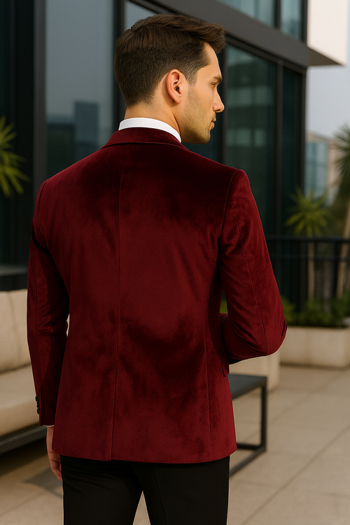 "Burgundy Velvet Men's Wedding & Prom 2026 Tuxedo Jacket - Two Button Peak Lapel"