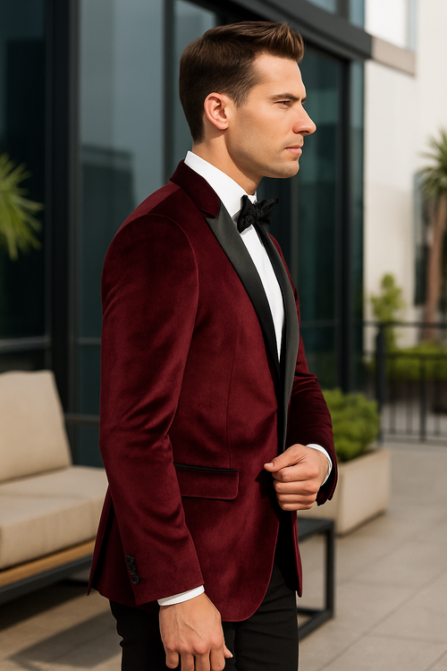 "Burgundy Velvet Men's Wedding & Prom 2026 Tuxedo Jacket - Two Button Peak Lapel"