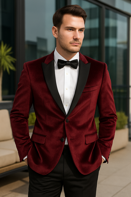 "Burgundy Velvet Men's Wedding & Prom 2026 Tuxedo Jacket - Two Button Peak Lapel"