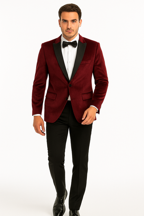 "Burgundy Velvet Men's Wedding & Prom 2026 Tuxedo Jacket - Two Button Peak Lapel"