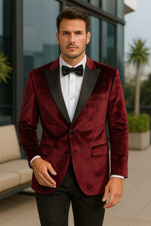 "Burgundy Velvet Men's Wedding & Prom 2026 Tuxedo Jacket - Two Button Peak Lapel"
