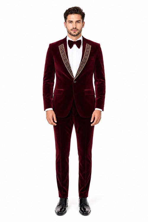 EJ Samuel Men's Burgundy Modern Fit Velvet Tuxedo with Gold Sequin Lapel