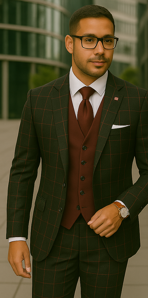 Wool Suit - Italian Made Business Suit by Statement Men's 3 Piece 100% Wool Modern Fit Suit - Bold Accent Color - 38R