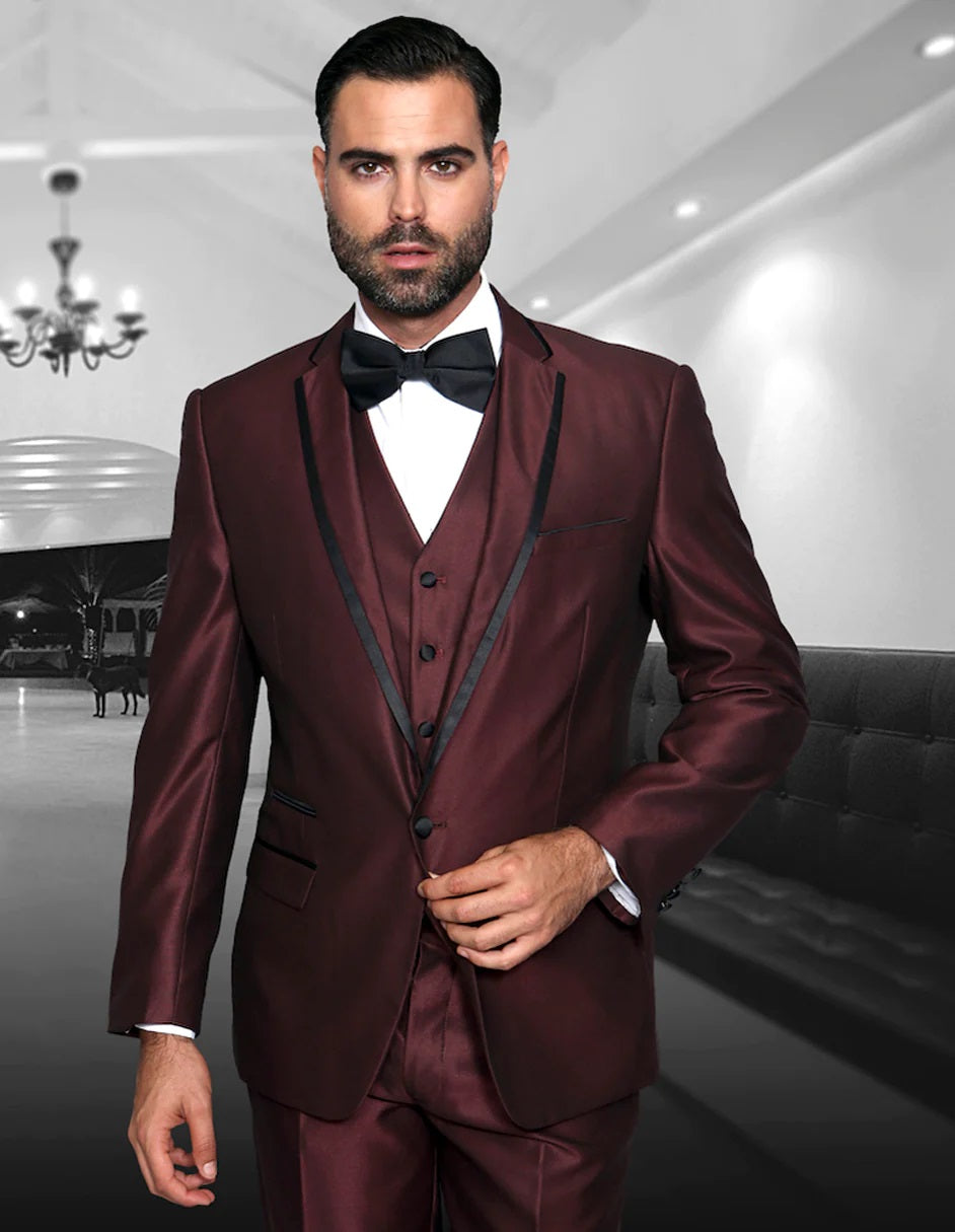Mens One Button Satin Trim Notch Prom Tuxedo in Shiny Burgundy Sharkskin - 38 Short Jacket+32 Waist Adjustable 28to34)(Height: 5 4 to5 7 )(Neck 15-16.5)S-M)