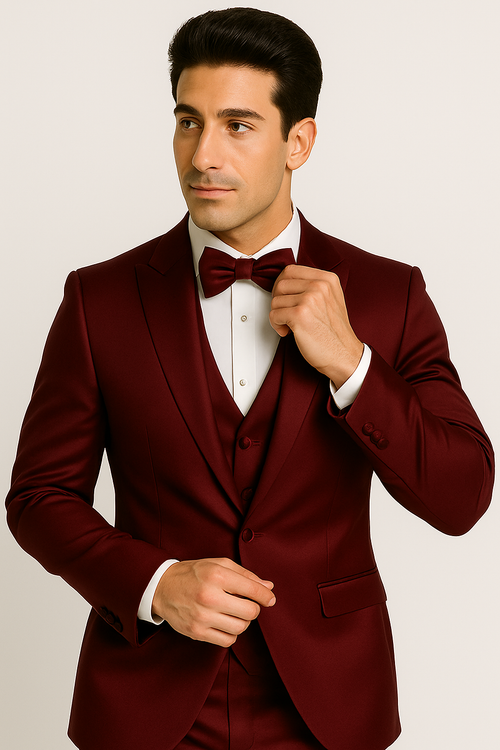 Burgundy Satin Tuxedo Four Piece Set - Wedding - Prom