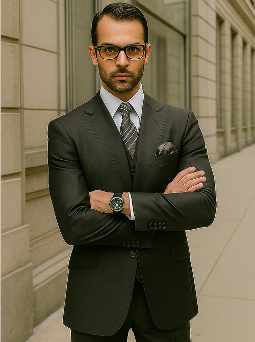 Business Suit - Mens Classic Modern Fit No Pleated Pant Side Vented 2 Button Wool Olive Green Suit